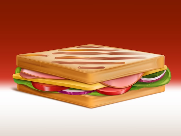 Panino con prosciutto, formaggio, pomodoro, cipolla e insalata tra due pezzi di pane tostato al tostapane Vettore gratuito