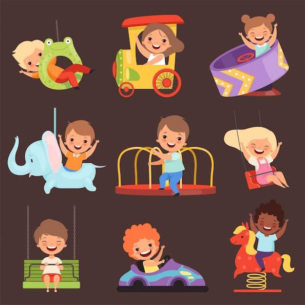 Parco Divertimenti Per Bambini Giocare A Ragazzi E Ragazze Bambini Felici E Divertenti In Attrazioni Cavalcare Gli Amici Dei Cartoni Animati Vettore Premium