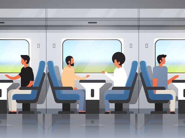Passeggeri che viaggiano in treno espresso moderno Vettore Premium