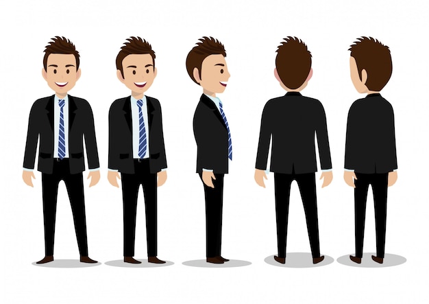 Personaggio dei cartoni animati con l'uomo d'affari in tuta per l'animazione. anteriore, laterale, posteriore, 3/4 vista personaggio. parti separate del corpo illustrazione vettoriale piatto Vettore Premium