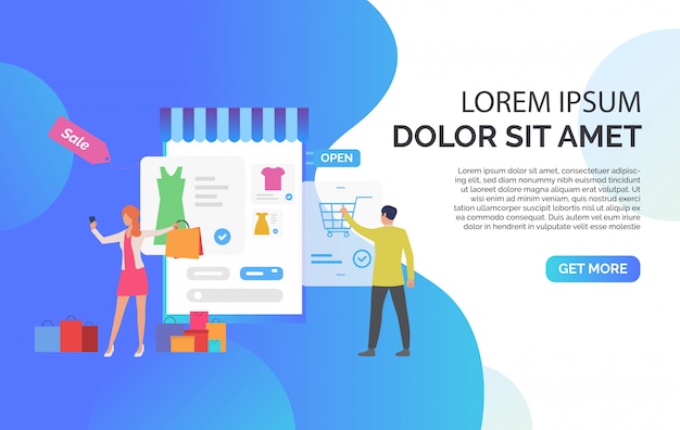 Persone che comprano vestiti online con testo di esempio Vettore gratuito