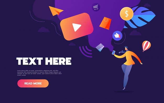 Persone in streaming video online con il loro laptop, concetto di smartphone, landing page di streaming video tutorial online, Vettore Premium