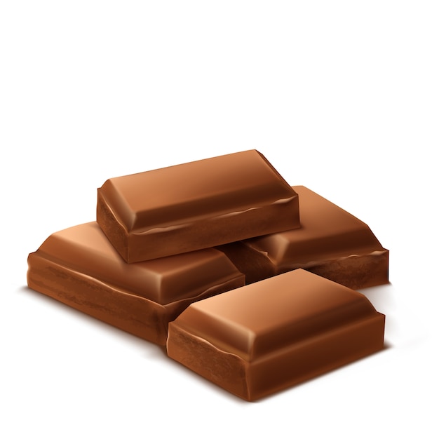 Pezzi di cioccolato realistico 3d. barrette deliziose marroni per il confezionamento di mock up, modello di pacchetto Vettore gratuito