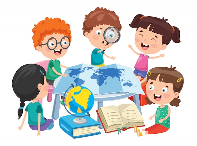 Piccoli studenti che studiano geografia Vettore Premium