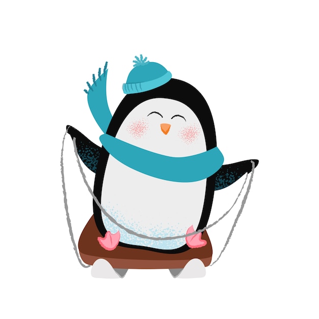 Pinguino allegro del fumetto in sciarpa e cappello che sledging Vettore gratuito