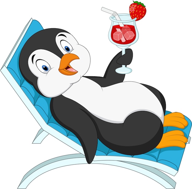 Pinguino del fumetto che si siede sulla sedia di spiaggia e che ...