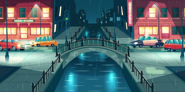 Pioggia sul vettore del fumetto della via della città di notte. auto della polizia e taxi andando sulla strada di città illuminata con lampioni, attraversando il fiume o canale d'acqua con ponte ad arco retrò in illustrazione piovosa, tempo piovoso Vettore gratuito