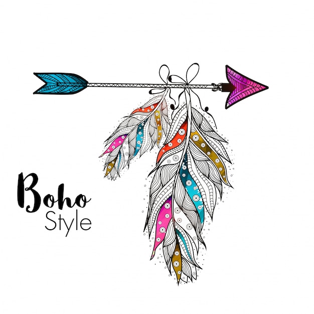 Piume oro in stile boho appesi sulla freccia, elementi creativi disegnati a mano etnica. Vettore gratuito