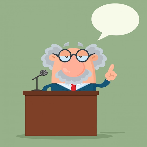 Professor or scientist cartoon character parlando dietro un podio con il fumetto Vettore Premium