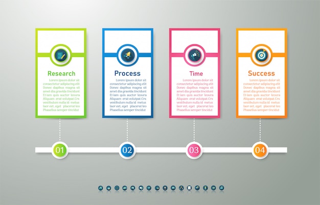Progettare il modello di business 4 opzioni o passaggi elemento grafico infografica. Vettore Premium