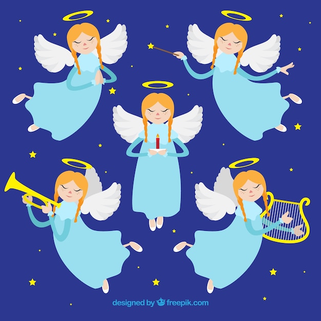 Foto Angeli Di Natale.Raccolta Di Cinque Angeli Di Natale Che Suonano Musica Vettore Gratis