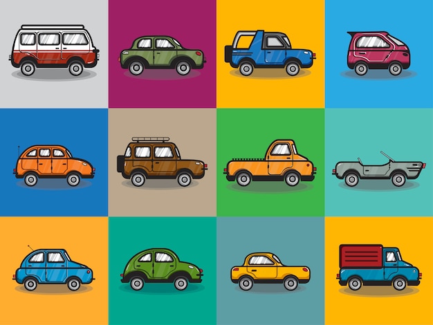 Raccolta di illustrazione di automobili e camion Vettore gratuito