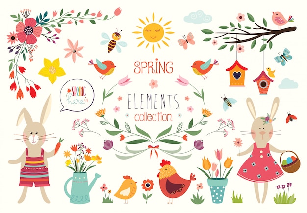 Raccolta di tempo di primavera con elementi decorativi disegnati a mano e composizioni floreali, disegno vettoriale Vettore Premium