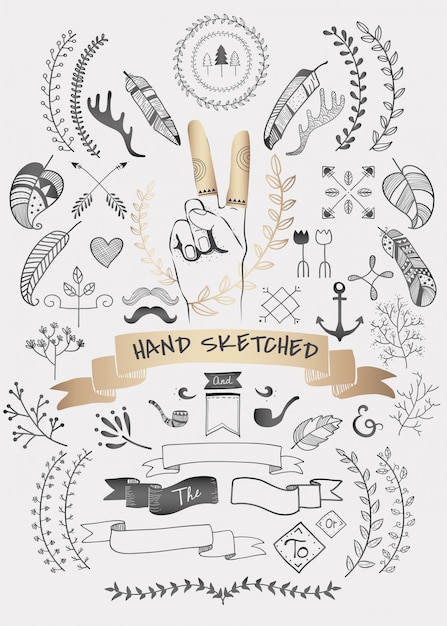Raccolta di vettori di elemento boho doodle disegnato a mano Vettore gratuito