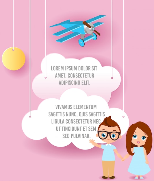 Ragazza e ragazzo con gli occhiali. vector paper art di nuvola e aereo che vola nel cielo. pubblicità modello Vettore Premium