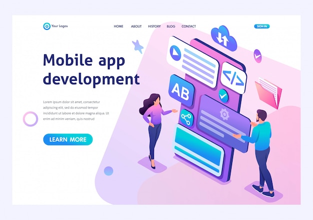 Ragazza e ragazzo isometrici sviluppano un'applicazione mobile per smartphone. pagina di destinazione modello per sito web Vettore Premium