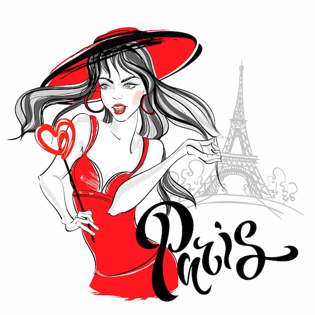 Ragazza modello a parigi contro la torre eiffel. illustrazione. Vettore Premium