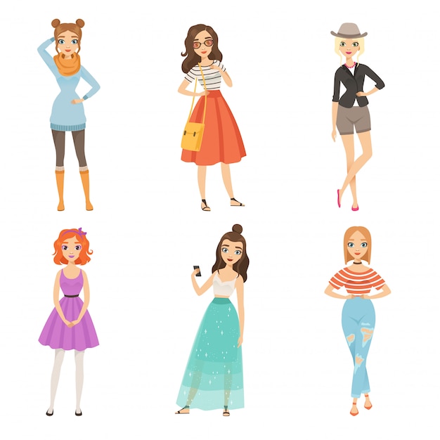 Ragazze alla moda. personaggi femminili dei cartoni animati in varie pose di moda Vettore Premium