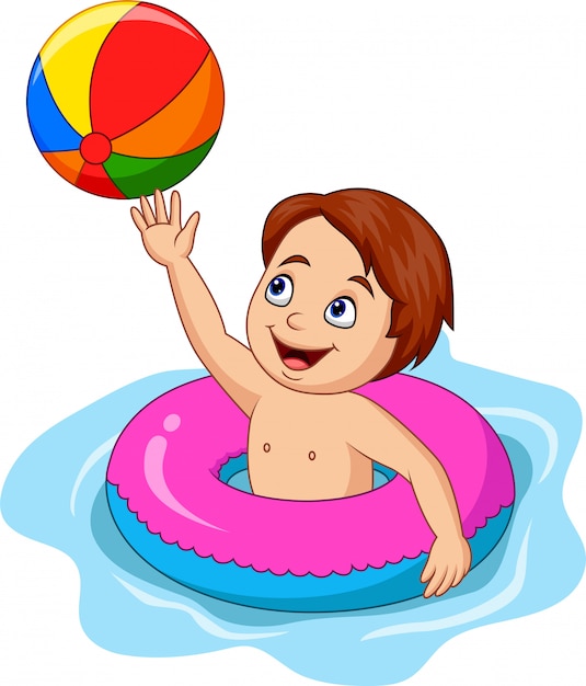 Ragazzo del fumetto che gioca cerchio gonfiabile con un beach ball Vettore Premium