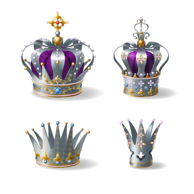 Re, regina d'argento, corona d'oro o platino decorata con gemme e perle, seta viola, velluto Vettore gratuito