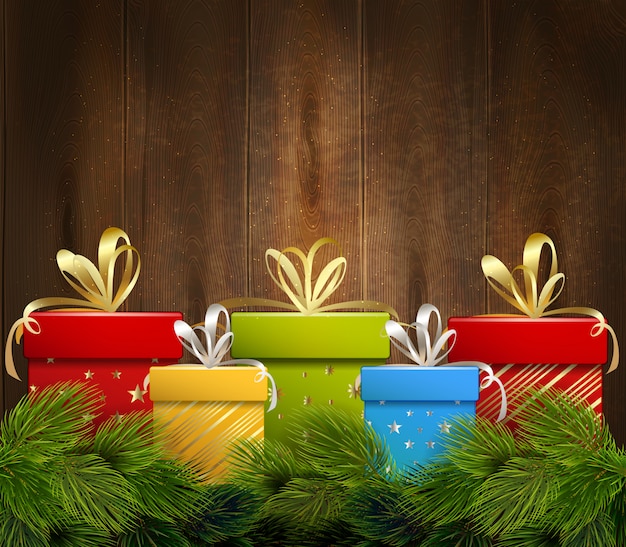 Regali di natale sfondo in legno Vettore gratuito
