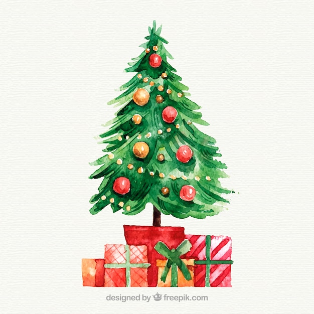 Natale Sotto L Albero.Regali Di Natale Sotto L Albero In Acquerello Vettore Gratis