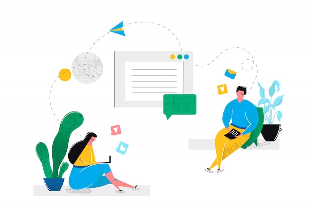 Relazioni virtuali online che risale nelle chat room dei social network in internet. l'uomo e la donna comunicano sul portatile a vicenda seduti a casa. realtà virtuale di internet. illustrazione vettoriale Vettore gratuito