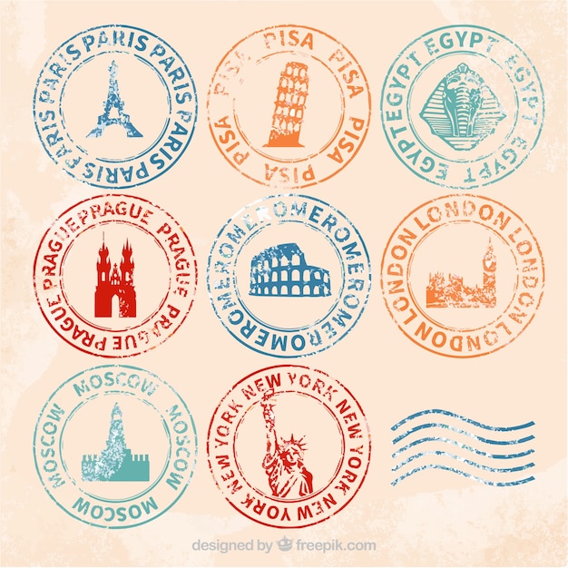 Retro selezione di francobolli di città con diversi colori Vettore gratuito