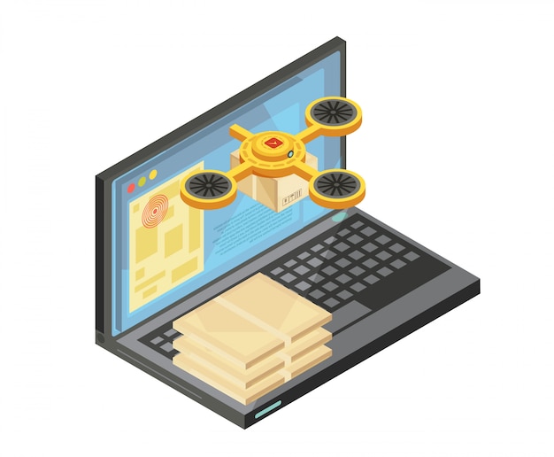 Rilevamento della consegna da composizione isometrica di internet compresi i pacchetti sulla tastiera, posizione delle merci sullo schermo del computer portatile illustrazione vettoriale Vettore gratuito