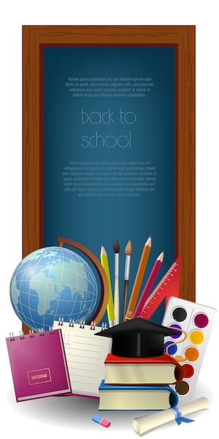 Ritorno a scuola lettering in cornice e forniture Vettore gratuito