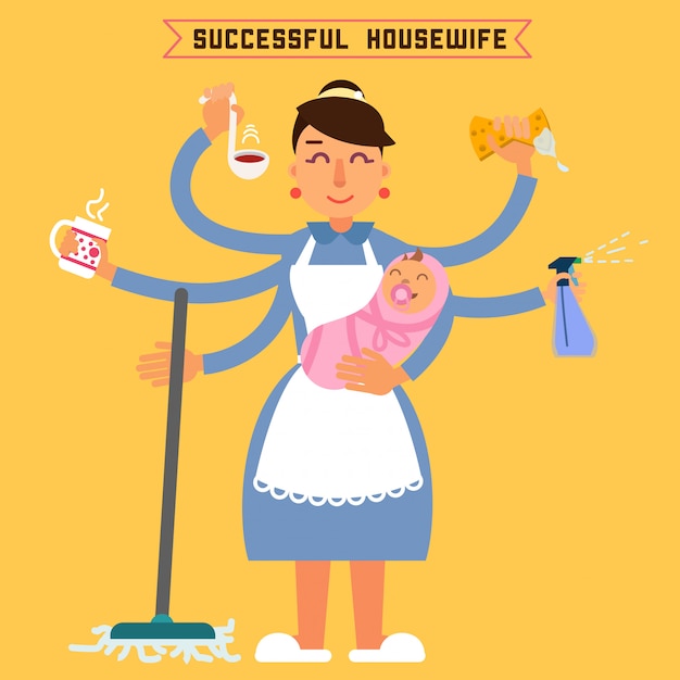 Riuscita casalinga. donna di successo donna multitasking. moglie perfetta super-mamma. madre multitasking. donna con bambino illustrazione vettoriale stile piatto Vettore Premium