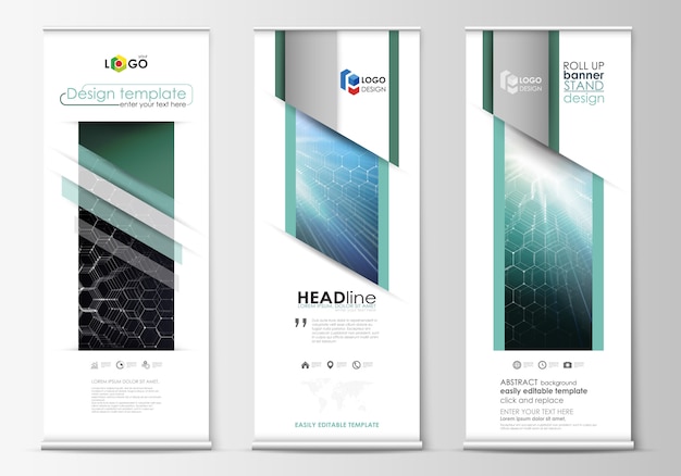 Roll up banner stand, modelli di stile geometrico astratto, volantini aziendale verticale vettoriale, layout di bandiera. Vettore Premium