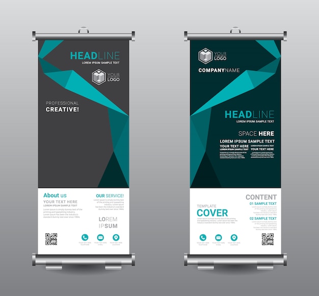 Roll up banner standee design modello di business. Vettore Premium