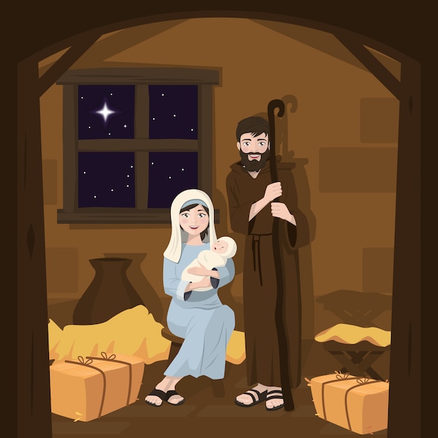 Immagini Di Natale Sacra Famiglia.Sacra Famiglia Presepe Di Natale Nascita Di Cristo Vettore Premium