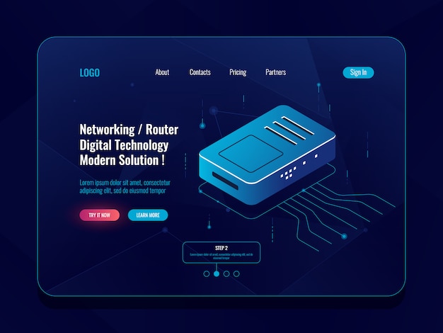 Sala server, concetto di trasferimento dati isometrico, router internet splitter, dati in entrata e in uscita Vettore gratuito