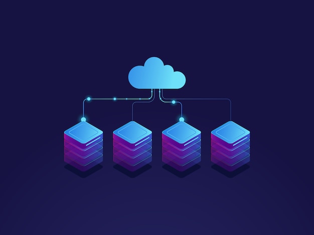 Sala server, icona di archiviazione cloud, datacenter e concetto di database, processo di scambio dati Vettore gratuito