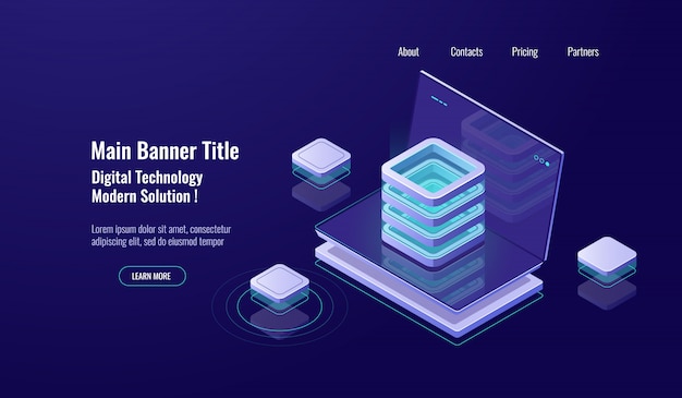 Sala server, icona isometrica di archiviazione cloud, database e datacenter, web hosting, rete Vettore gratuito