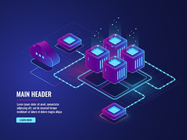 Sala server, tecnologia di archiviazione cloud, data center di trasmissione e scambio Vettore gratuito