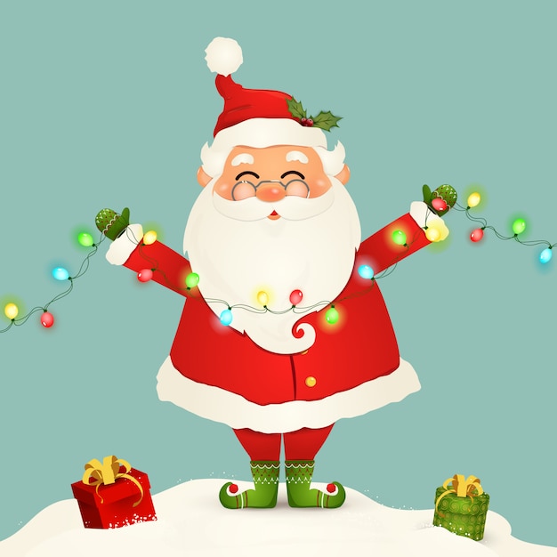 Babbo Natale 105.Santa Claus Sveglia Che Sta Nella Ghirlanda Delle Luci Di Natale Della Tenuta Della Neve Isolata