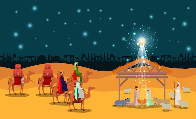 Immagini Di Natale Con Sacra Famiglia.Scena Del Deserto Di Natale Con La Sacra Famiglia Nella Stalla Vettore Premium