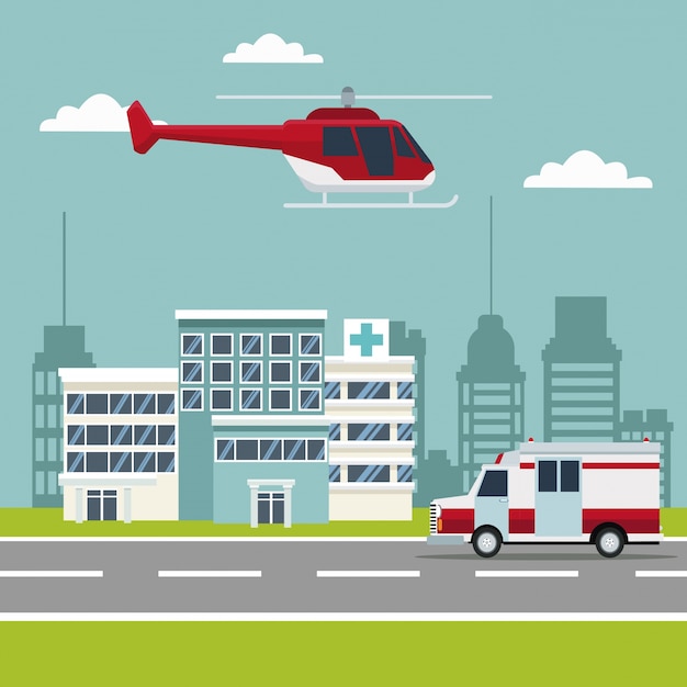 Scena della città costruendo ospedali con ambulanza ed elicottero Vettore Premium