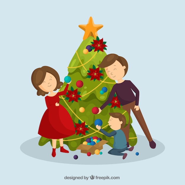 In Natale.Scena Di Famiglia Carina Con Albero Di Natale Vettore Gratis