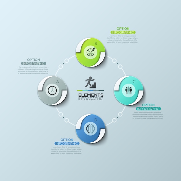 Schema circolare con 4 elementi rotondi uguali collegati da linee e caselle di testo, modello di progettazione infografica moderna Vettore Premium