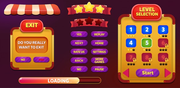 Schermata pop-up del menu di selezione del livello e uscita con stelle e pulsante Vettore Premium