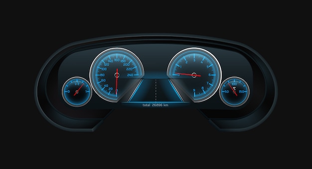 Schermo del cruscotto digitale per auto con tachimetro blu incandescente, contagiri, livello carburante, indicatori di temperatura del motore ridimensionabili Vettore gratuito