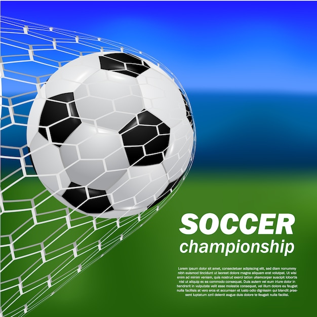 Scopo realistico del colpo di calcio di calcio della palla al portone netto con il campo del bokeh della sfuocatura Vettore Premium