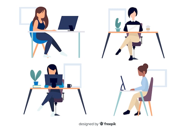 Seduta di impiegati di design piatto personaggi Vettore gratuito