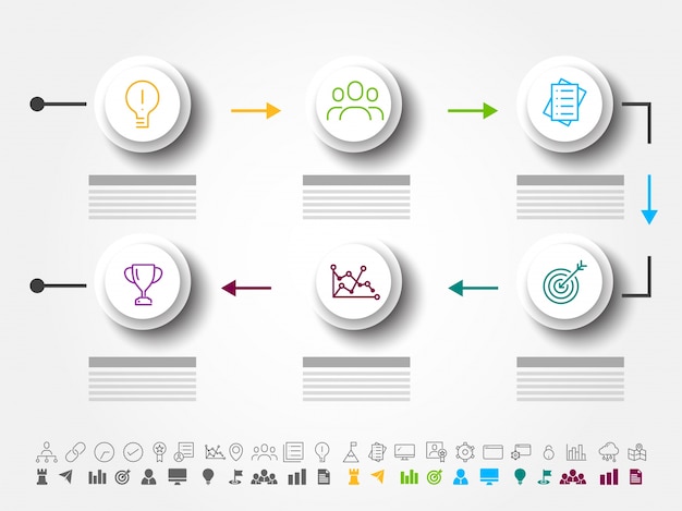 Sei passi di successo, layout timeline infographics con icone impostate, in versione in bianco e nero e colorato. Vettore Premium