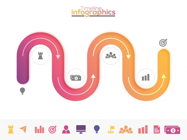 Sei passi, il layout di timeline infographics con le icone impostate, in versione in bianco e nero e colorato. Vettore Premium
