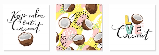 Set con motivo cocco, scritte creative ed elementi astratti. vibrazioni estive. Vettore Premium